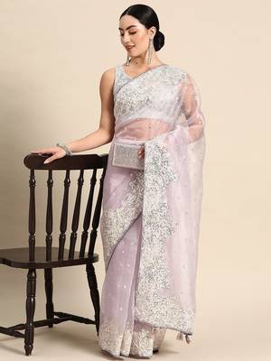 Lavender floral embroidered organza saree 3