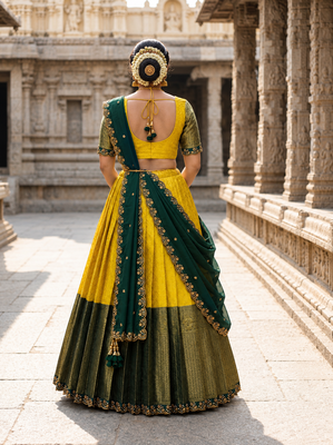 South Indian Style Semi-Stitched Half Saree with Blouse and Dupatta 2