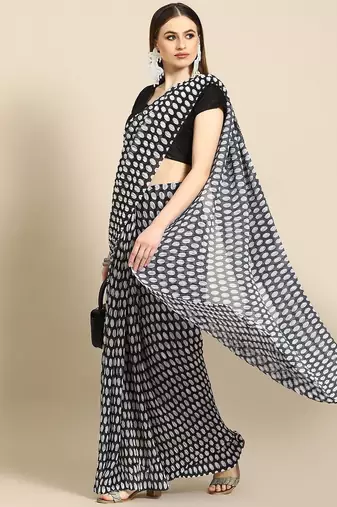 Black polka dot poly georgette saree