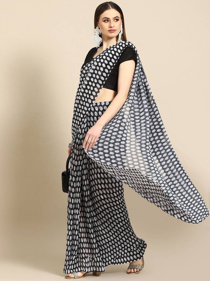Black polka dot poly georgette saree
