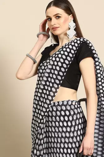 Black polka dot poly georgette saree