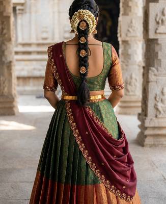South Indian Style Semi-Stitched Half Saree with Blouse and Dupatta 2