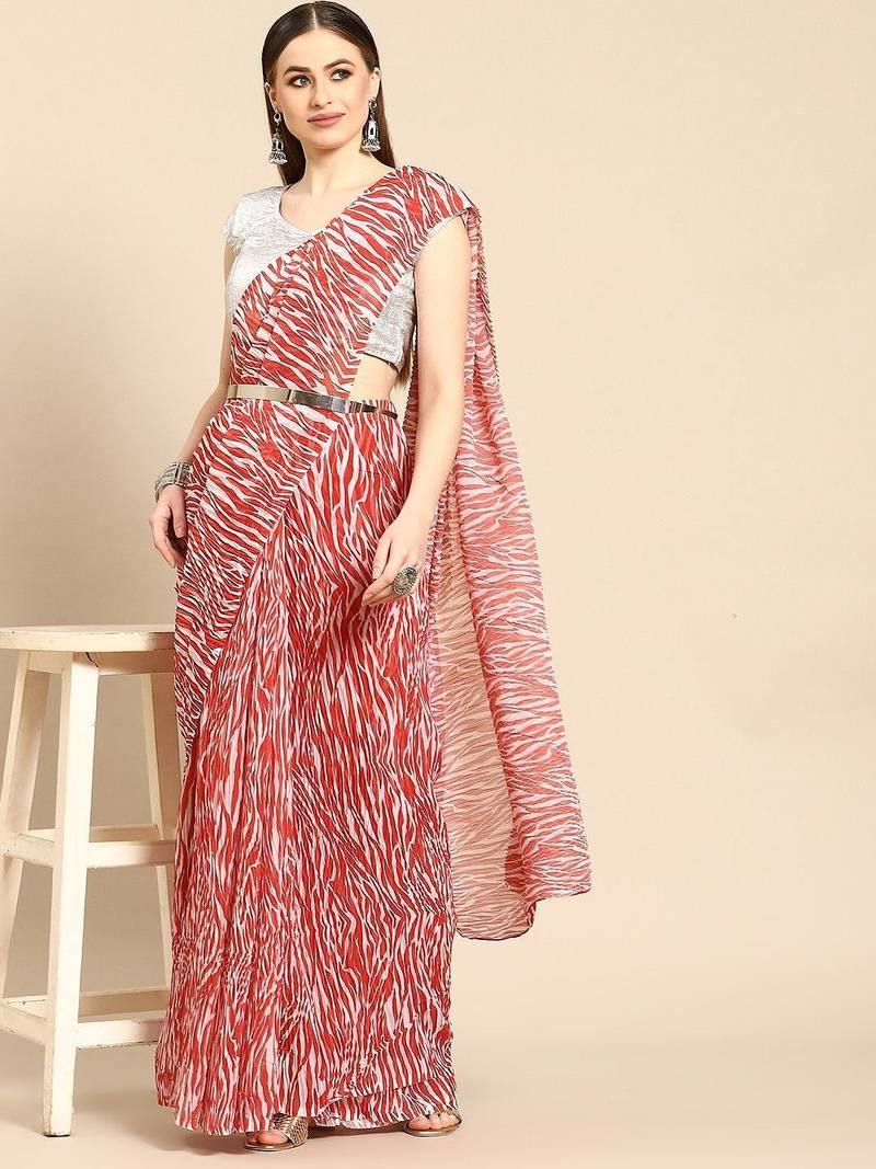 Red poly georgette saree