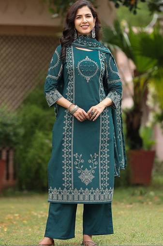 women ethnic motifs printed regular  cotton kurta with palazzos & with dupatta