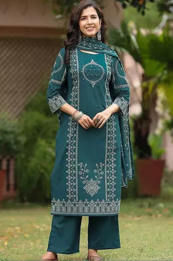 women ethnic motifs printed regular  cotton kurta with palazzos & with dupatta