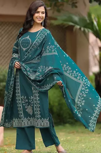 women ethnic motifs printed regular  cotton kurta with palazzos & with dupatta