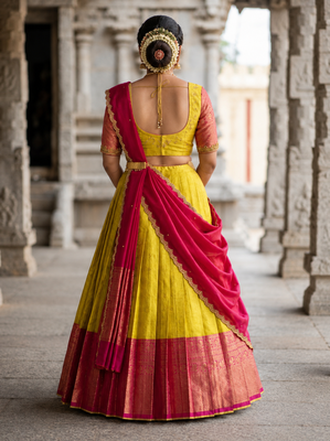 South Indian Style Semi-Stitched Half Saree with Blouse and Dupatta 2