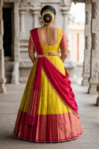 South Indian Style Semi-Stitched Half Saree with Blouse and Dupatta