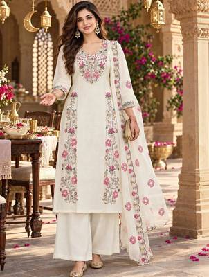 women floral embroidered regular thread work chanderi silk kurta with palazzos & with dupatta 1