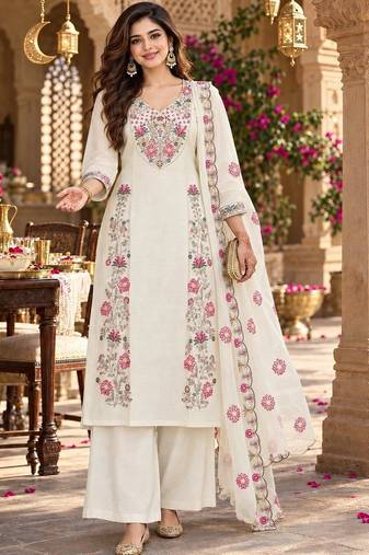 women floral embroidered regular thread work chanderi silk kurta with palazzos & with dupatta