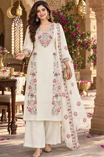 women floral embroidered regular thread work chanderi silk kurta with palazzos & with dupatta