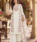 women floral embroidered regular thread work chanderi silk kurta with palazzos & with dupatta