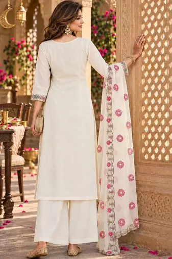women floral embroidered regular thread work chanderi silk kurta with palazzos & with dupatta