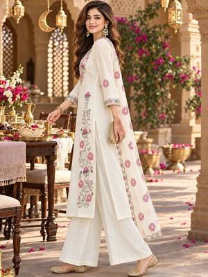 women floral embroidered regular thread work chanderi silk kurta with palazzos & with dupatta 3