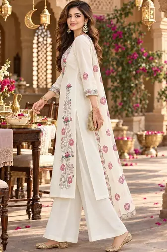 women floral embroidered regular thread work chanderi silk kurta with palazzos & with dupatta