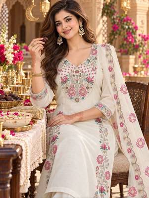 women floral embroidered regular thread work chanderi silk kurta with palazzos & with dupatta 4