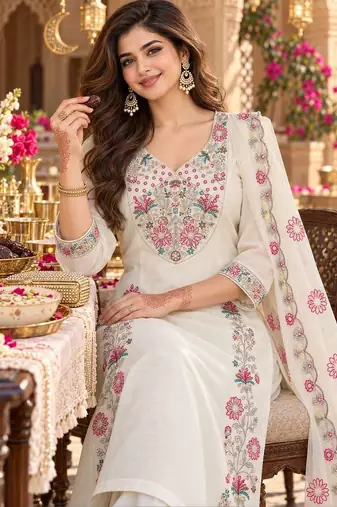 women floral embroidered regular thread work chanderi silk kurta with palazzos & with dupatta