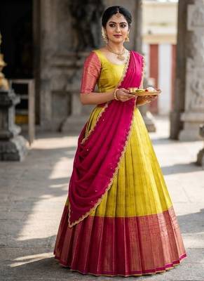 South Indian Style Semi-Stitched Half Saree with Blouse and Dupatta 3