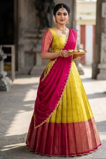 South Indian Style Semi-Stitched Half Saree with Blouse and Dupatta
