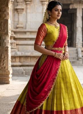 South Indian Style Semi-Stitched Half Saree with Blouse and Dupatta 4