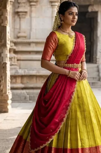 South Indian Style Semi-Stitched Half Saree with Blouse and Dupatta