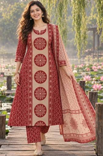 women ethnic motifs printed regular  cotton kurta with trousers & with dupatta