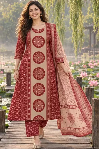 women ethnic motifs printed regular  cotton kurta with trousers & with dupatta