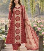 women ethnic motifs printed regular  cotton kurta with trousers & with dupatta