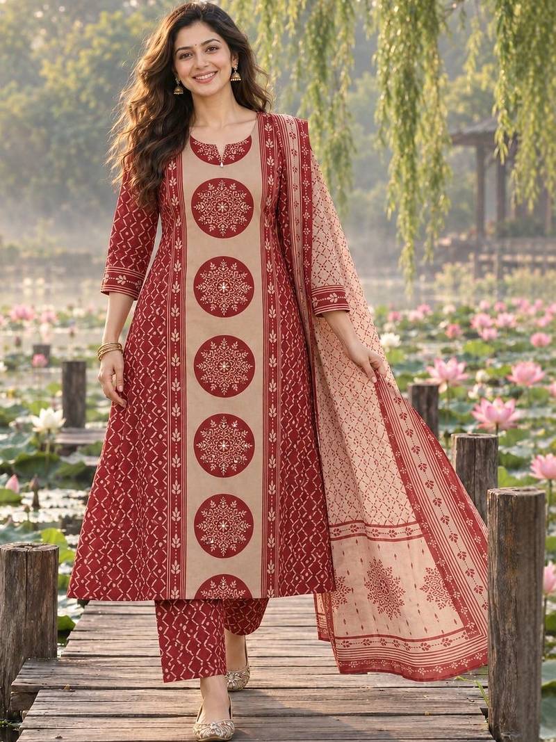women ethnic motifs printed regular  cotton kurta with trousers & with dupatta