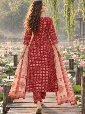 women ethnic motifs printed regular  cotton kurta with trousers & with dupatta 2
