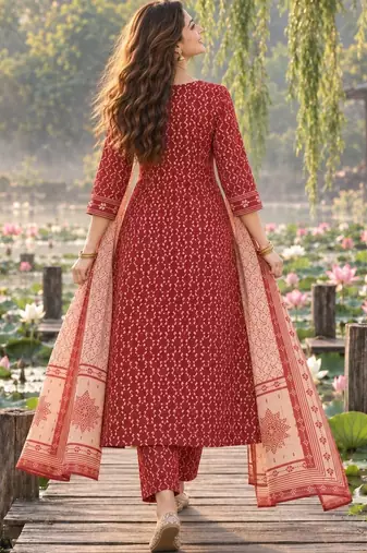 women ethnic motifs printed regular  cotton kurta with trousers & with dupatta