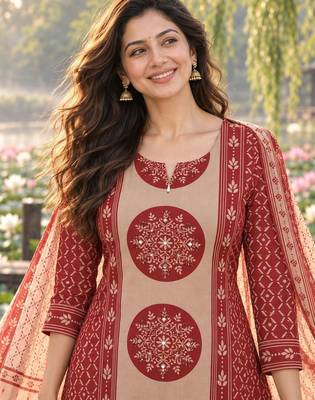 women ethnic motifs printed regular  cotton kurta with trousers & with dupatta 3