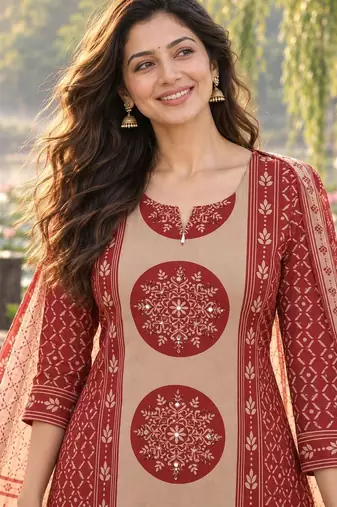 women ethnic motifs printed regular  cotton kurta with trousers & with dupatta