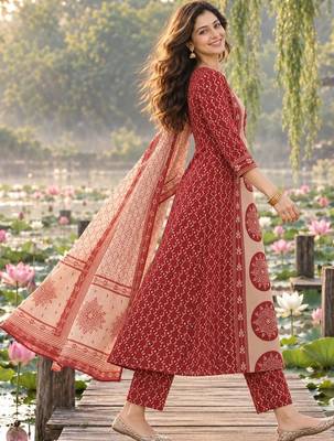women ethnic motifs printed regular  cotton kurta with trousers & with dupatta 4
