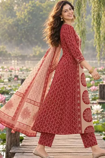 women ethnic motifs printed regular  cotton kurta with trousers & with dupatta