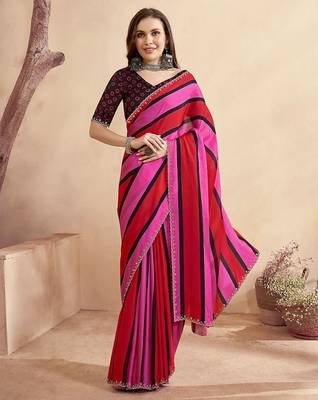 Red striped beads and stones satin saree 1