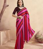 Red striped beads and stones satin saree