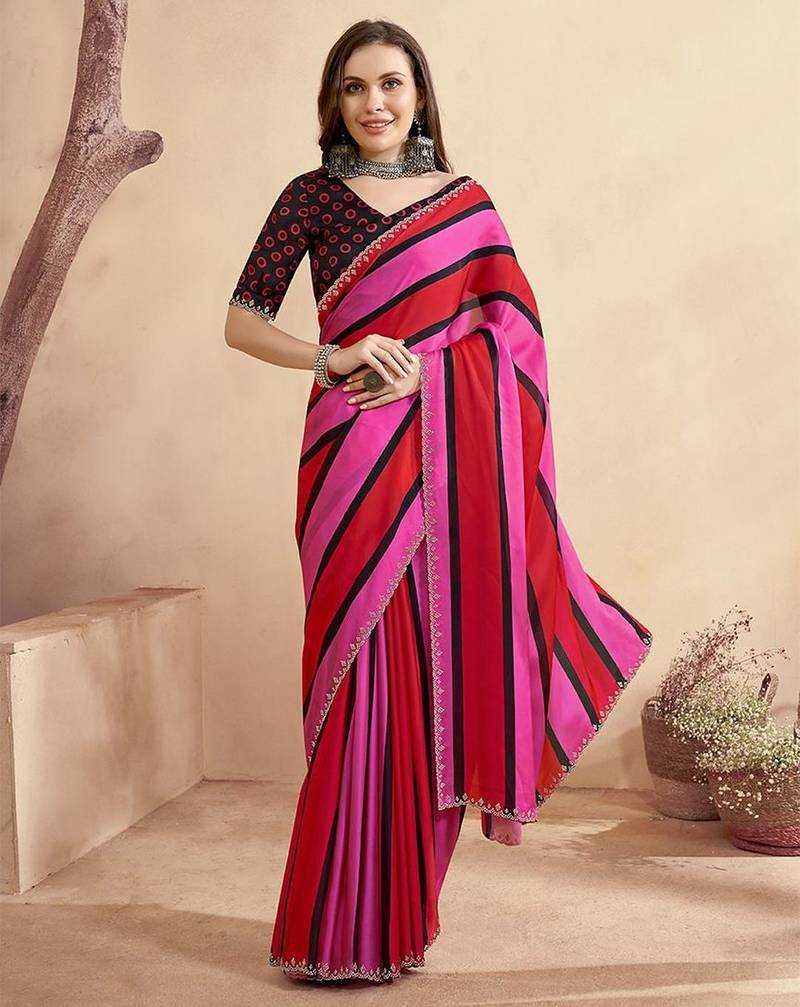 Red striped beads and stones satin saree