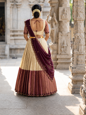 South Indian Style Semi-Stitched Half Saree with Blouse and Dupatta 2
