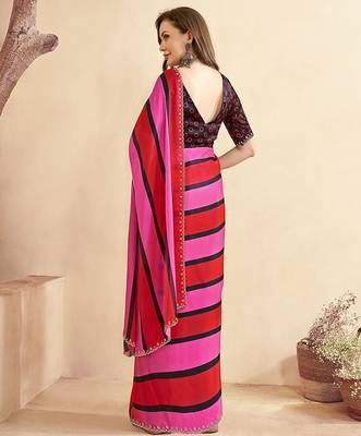 Red striped beads and stones satin saree 2