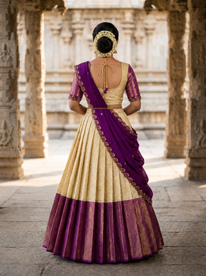 South Indian Style Semi-Stitched Half Saree with Blouse and Dupatta 2