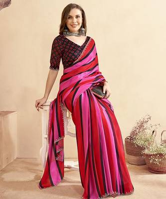 Red striped beads and stones satin saree 3