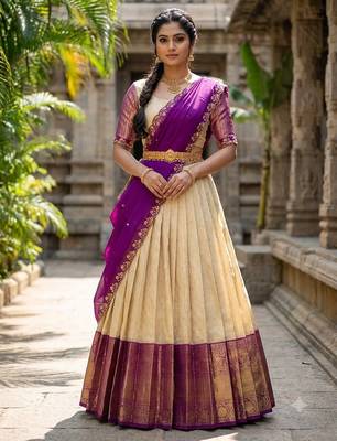 South Indian Style Semi-Stitched Half Saree with Blouse and Dupatta 3