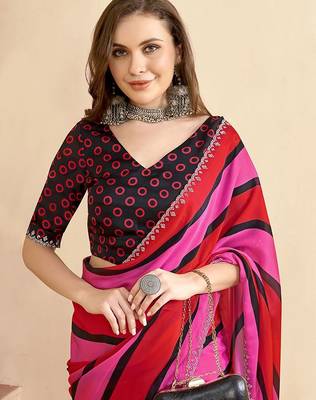 Red striped beads and stones satin saree 4
