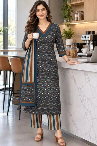 women printed regular  cotton kurta with trousers & with dupatta