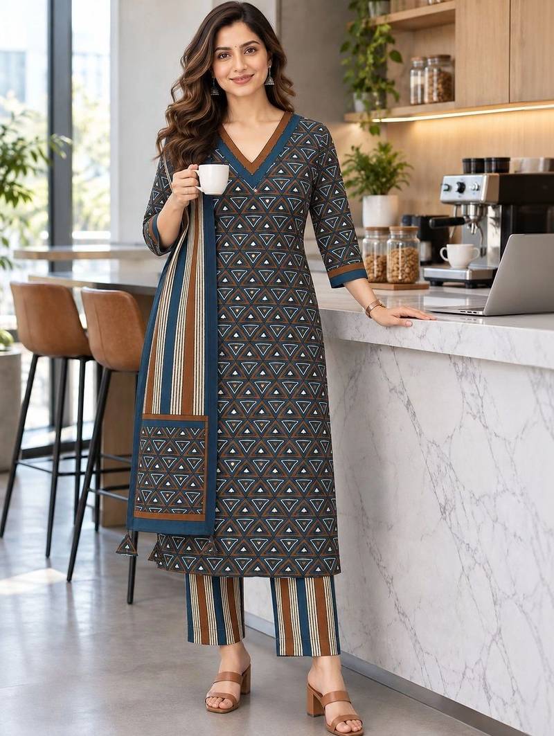 women printed regular  cotton kurta with trousers & with dupatta