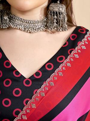 Red striped beads and stones satin saree 5