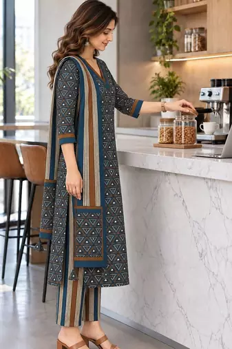 women printed regular  cotton kurta with trousers & with dupatta