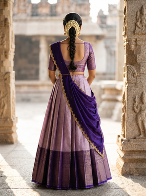South Indian Style Semi-Stitched Half Saree with Blouse and Dupatta 2