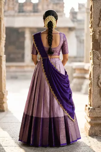 South Indian Style Semi-Stitched Half Saree with Blouse and Dupatta
